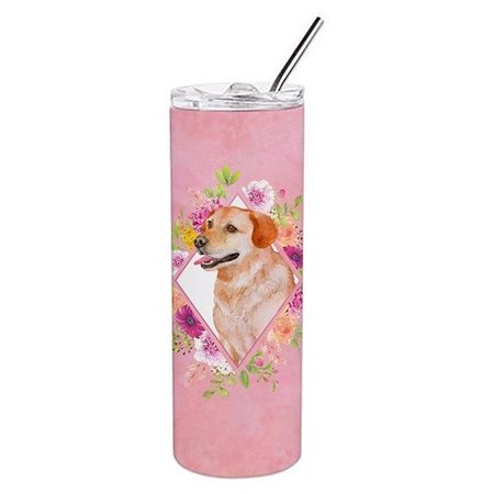 CAROLINES TREASURES Carolines Treasures CK4158TBL20 20 oz Yellow Labrador Retriever Pink Flowers Double Walled Stainless Steel Skinny Tumbler CK4158TBL20